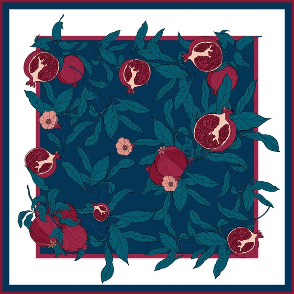 Nar dallı, meyveli ve çiçekli ipek eşarp..