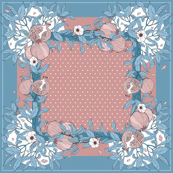 Nar dallı, meyveli ve çiçekli ipek eşarp..