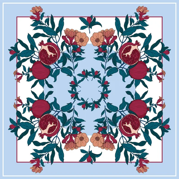 Nar dallı, meyveli ve çiçekli ipek eşarp..