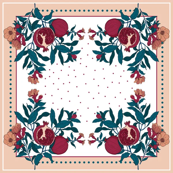 Nar dallı, meyveli ve çiçekli ipek eşarp..