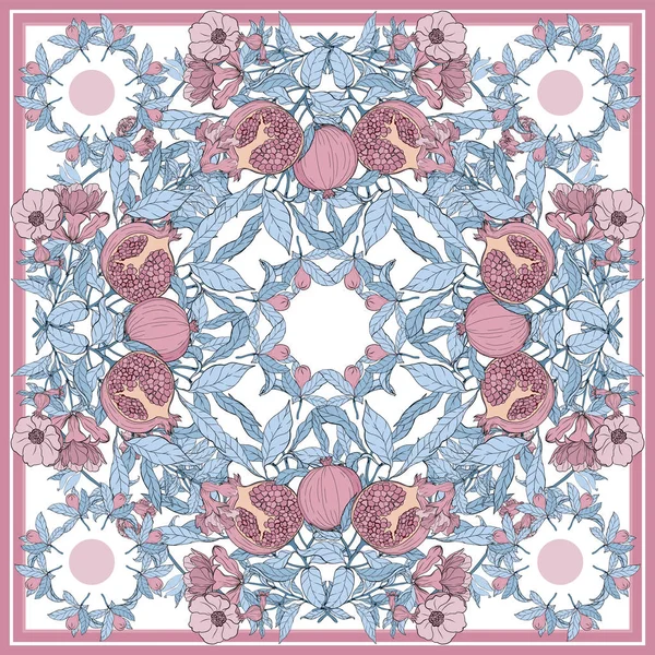 Nar dallı, meyveli ve çiçekli ipek eşarp..