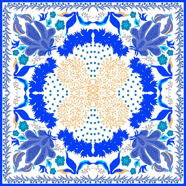 Colorful ornamental floral paisley shawl, bandanna, pillow, scarf. Square pattern. Detailed floral scarf design. Blue eastern ornament on white background. Batik — Stok fotoğraf