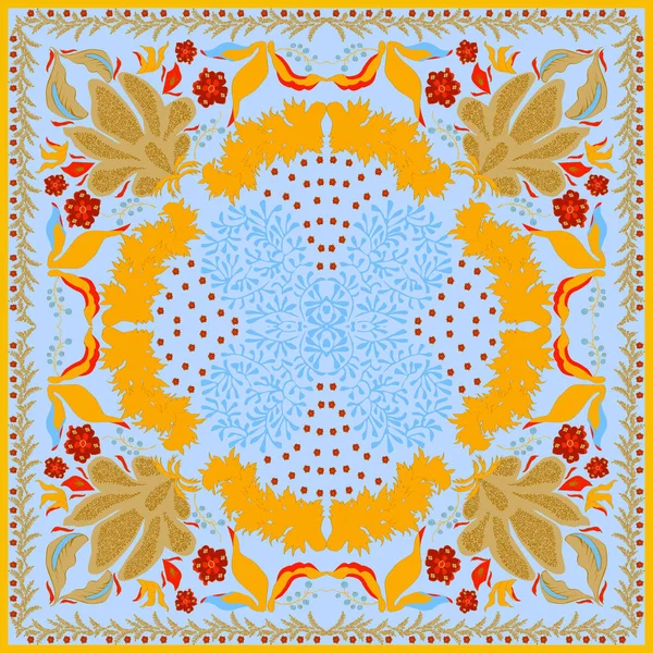 Colorful ornamental floral paisley shawl, bandanna, pillow, scarf. Square pattern. Detailed floral scarf design. Blue yellow eastern ornament on white background. Batik — Stok fotoğraf