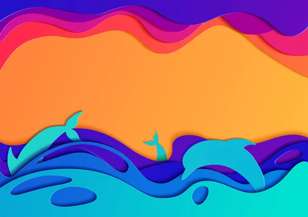 Sommerlandschaft Des Meeres Mit Delfinen Bei Sonnenuntergang Hintergrund Abstrakte Realistische — Stockvektor