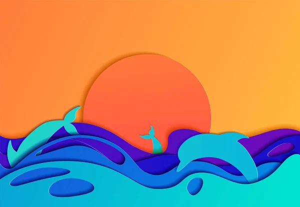 Summer Landscape Sea Dolphins Sunset Paper Cut Background Abstract Realistic — Stock Vector