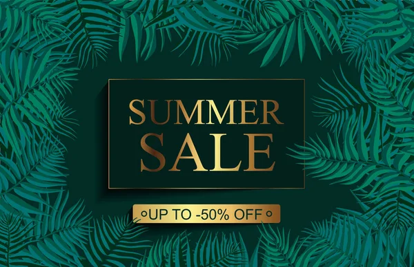 Yaz satışı duyurusu, yapraklı arka plan, yeşil zemine izole edilmiş kök. Altın harflerle ve elementlerle süslenmiş minimalist tarz çiçek arkaplanı. İndirimli mesaj yüzde 50. Vektör illüstrasyonu
