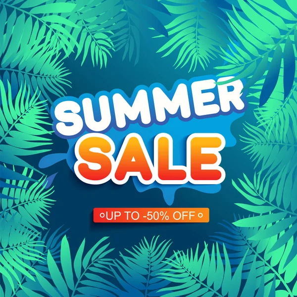Yazın yapraklı reklam arkaplanı, mavi gökyüzü arka planında izole edilmiş gövde. Minimal tarz çiçekli arka plan. İndirimli mesaj yüzde 50 indirimli. Vektör illüstrasyonu.