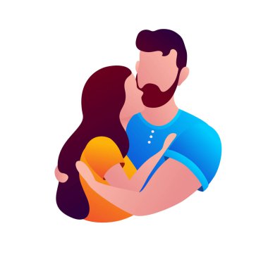 Adam ve kız beyaz bir arka planda sarılıyorlar..