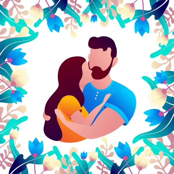 Ένας άντρας και ένα κορίτσι αγκαλιάζονται σε ένα πλαίσιο από λουλούδια και φύλλα σε λευκό φόντο. — Διανυσματικό Αρχείο