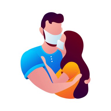 Koronavirüs 2019 nCoV 'un önleme bilgileri. Adam ve kız beyaz bir arka planda tıbbi maskeyle sarılıyorlar. Grip salgını, halk sağlığı riski, COVID-19, MERS-