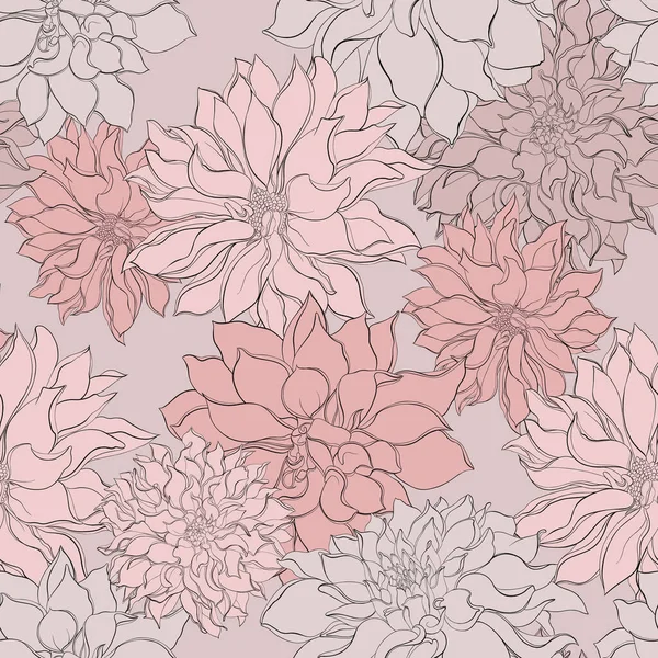 Fondo sin costura floral vintage con dalias florecientes. Ilustración floral vectorial sobre fondo negro — Vector de stock