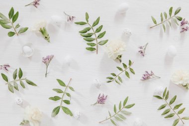 Taze yeşil yaprakları, küçük yumurta ve mor ve sarı çiçekler