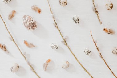 Paskalya desen küçük yumurta ve willow Beyaz ahşap backg üzerinde