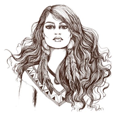 Kroki dövme sanatının güzel Amerikalı Hintli kız portret.