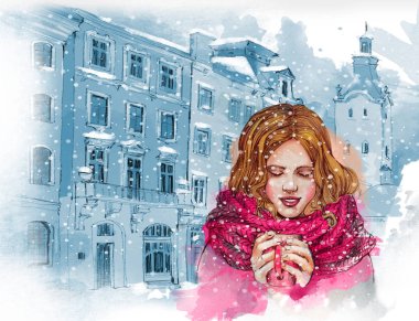 Güzel kız sıcak kahve veya çay ile. Oldcity arka plan. Suluboya resim