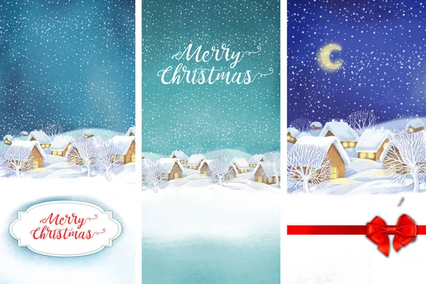 Ensemble de 3 décors de paysage de village d'hiver. Illustration de Noël — Photo