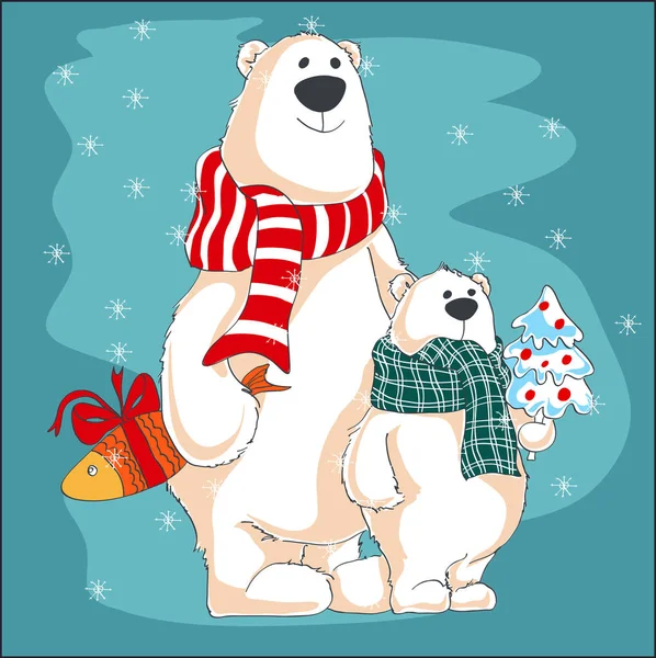 Kerst vectorillustratie. Twee ijsberen met geschenken. — Stockvector