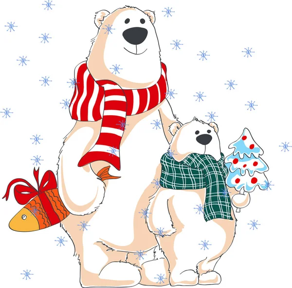 Kerst vectorillustratie. Twee ijsberen met geschenken. — Stockvector