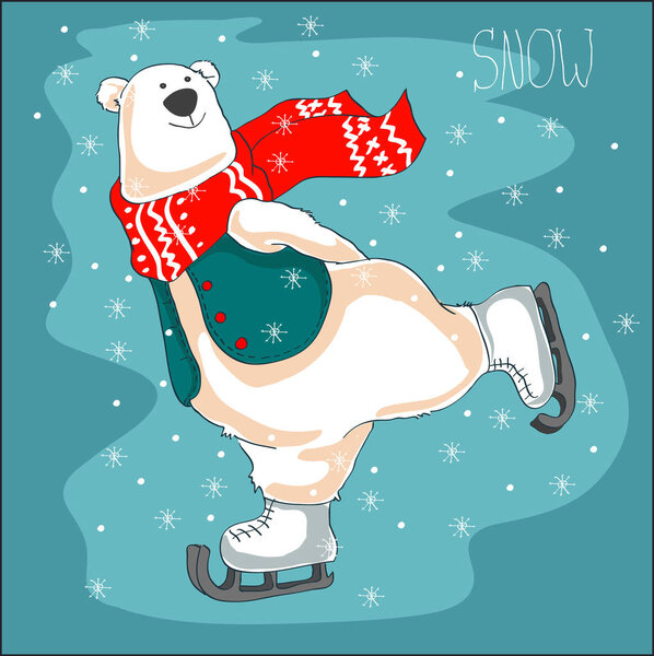Skating polar bear in red scarf. Christmas background. — Stock Vector