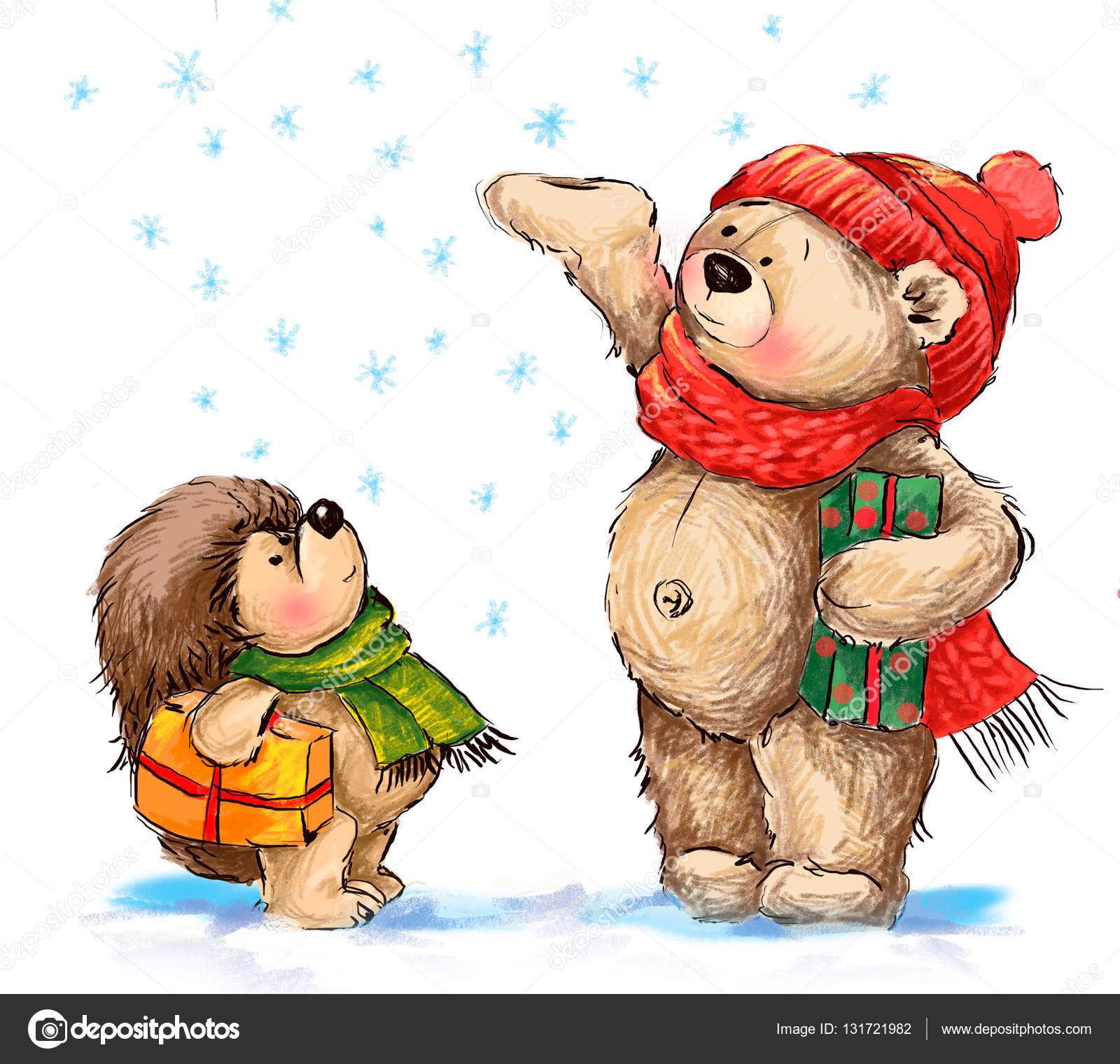Illustrazione di Natale Simpatico orso e riccio con i regali di Illustrazione di Natale Simpatico orso e riccio con i regali di Natale — Foto Stock