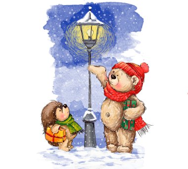 Christmas illüstrasyon. Sevimli ayı ve Noel hediyeleri ile kirpi.