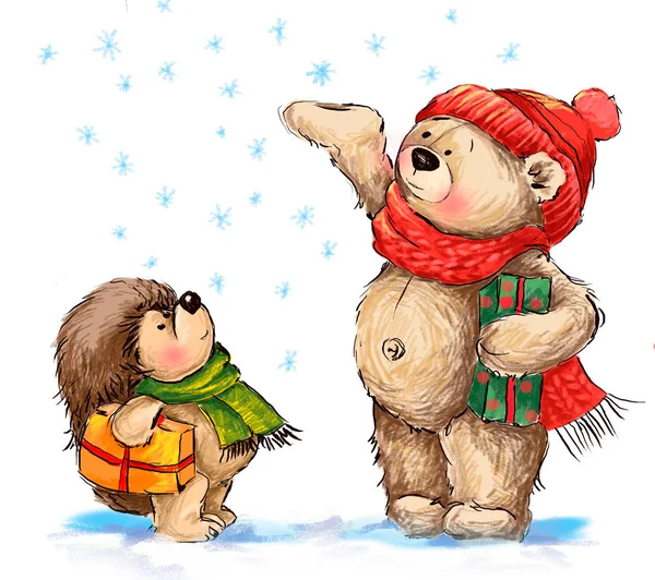 Boże Narodzenie ilustracja. Słodki Miś i Jeż z prezenty świąteczne. — Zdjęcie stockowe