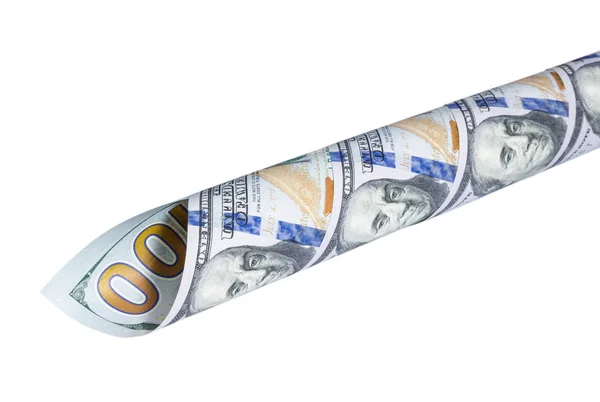 Vridna i en tub ett hundra dollar sedlar på vit bakgrund — Stockfoto