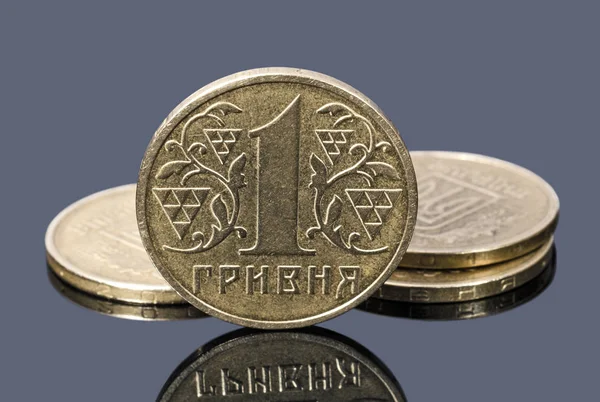 Moedas Uma Hryvnia Ucraniana Fundo Cinza — Fotografia de Stock