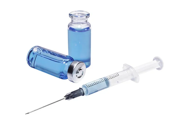 Flacons Médicaux Avec Vaccin Bleu Seringue Sur Fond Blanc — Photo