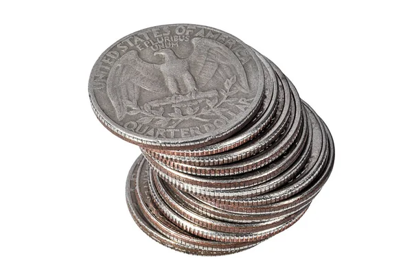 Купа Чверть Доларових Монет Білому Тлі — стокове фото
