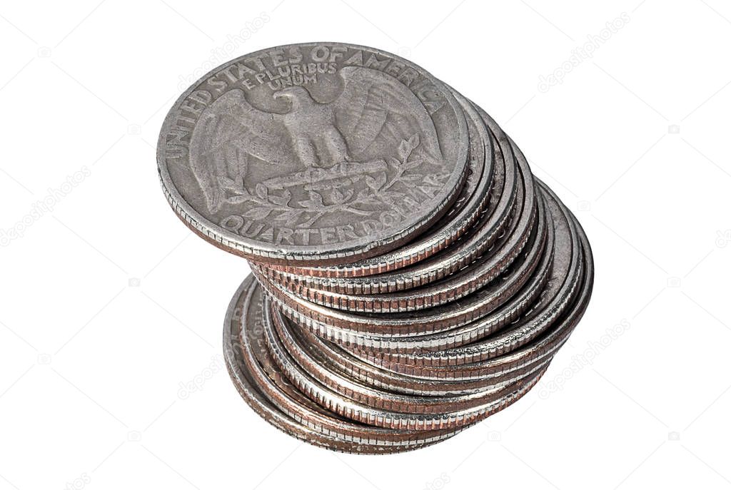 Pile of quarter dollar coins on white background