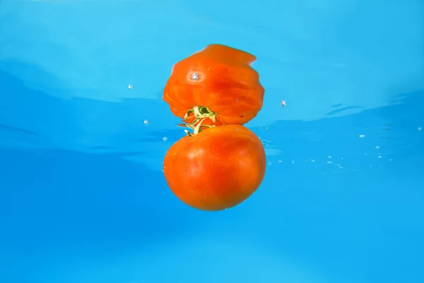 Tomato splashing in blue water