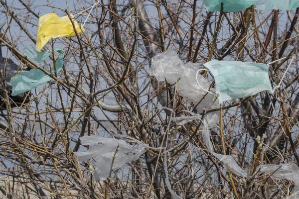 Face masks and plastic debris on branches of trees. Coronavirus (COVID-19) is contributing to pollution, as discarded face masks clutter urban parks & streets of the city along with plastic trash. Kuyalnik Estuary, Odessa Oblast, Ukraine