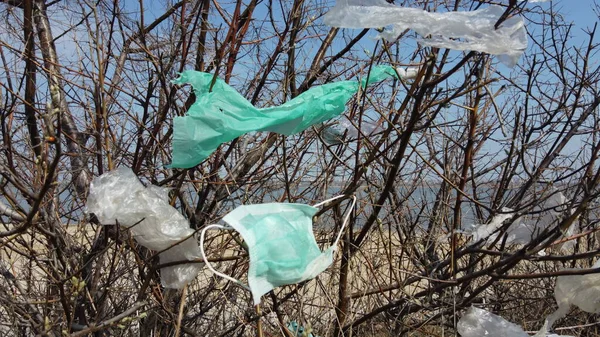 Face masks and plastic debris on branches of trees. Coronavirus (COVID-19) is contributing to pollution, as discarded face masks clutter urban parks & streets of the city along with plastic trash. Kuyalnik Estuary, Odessa Oblast, Ukraine