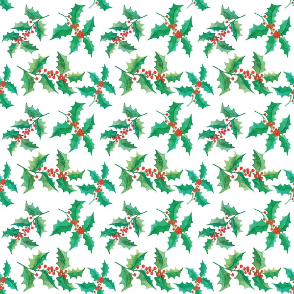 Aquarel kerst holly takken naadloze patroon — Stockfoto