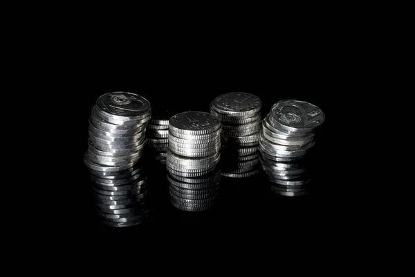 Silver Czech Coins Black Glass Payment Czech Republic Coins Stacked — Stock Photo, Image