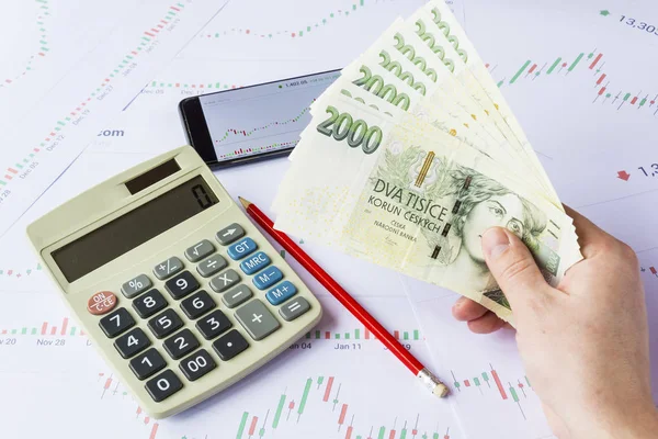 Calculator with green czech money on economic charts