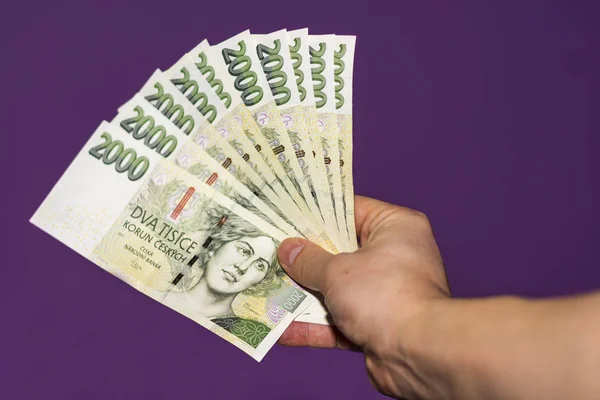 Yeşil çek banknotlar tutan el — Stok fotoğraf