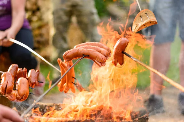 Worstjes grillen boven een kampvuur in het bos — Stockfoto