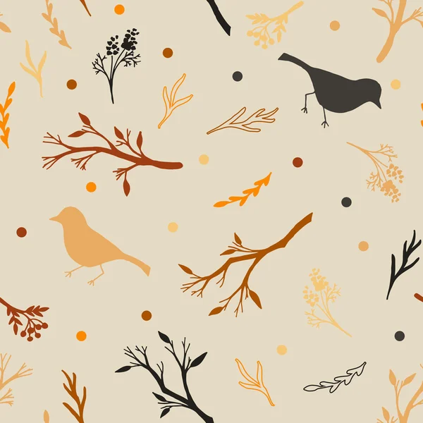 Jednolity wzór jesień z oddziałów i ptaki — Wektor stockowy