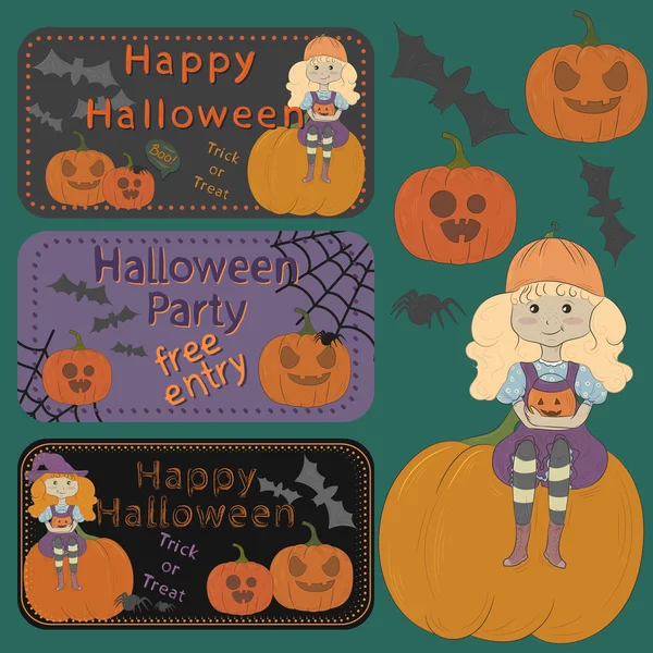 Halloween set van uitnodigingen en wenskaarten / vleermuizen, spinnen, Halloween tekens — Stockvector