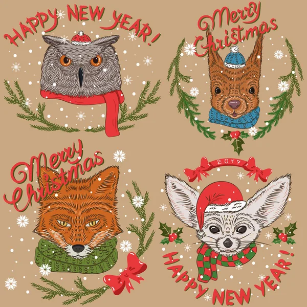 一連の動物とクリスマスと新年のご挨拶 — ストックベクタ