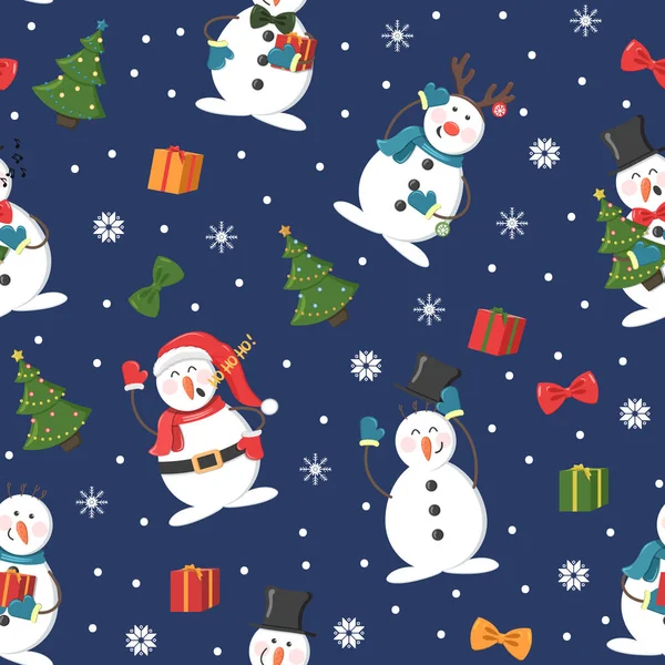 Sömlös jul mönster med snögubbe, gåvor och snöfall — Stock vektor