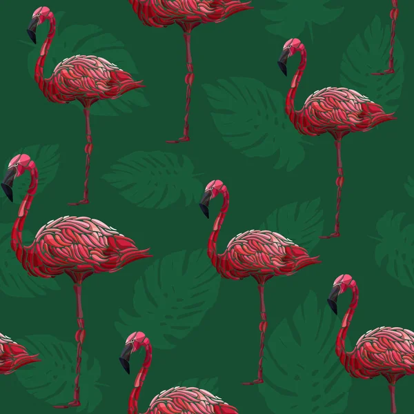 Motif sans couture avec flamants roses et feuilles de palmier — Image vectorielle