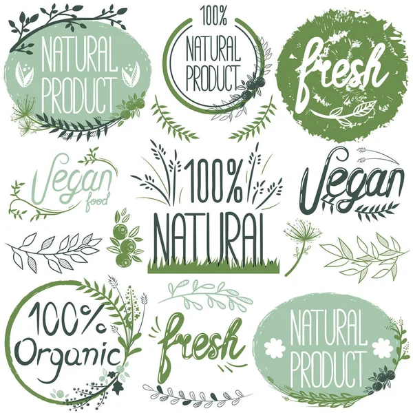 Etiquetas orgánicas naturales. Pegatinas y elementos de alimentos ecológicos . — Vector de stock