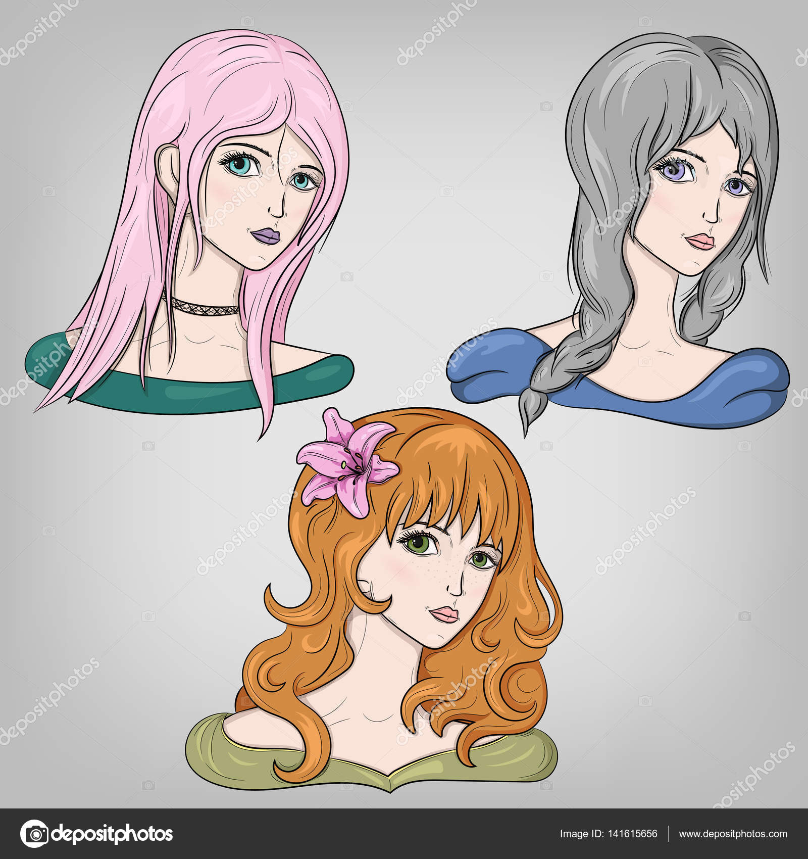 Anime girl portret with flower in long hair Vector Image