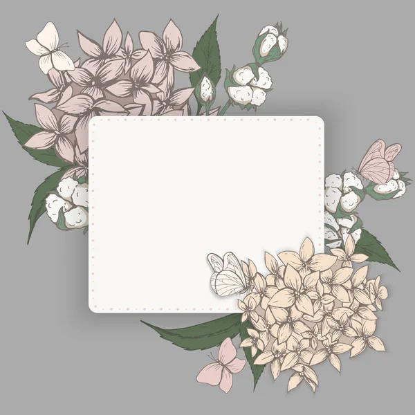 Modelo com flores de hortênsia, flores de algodão e borboletas. Modelo de cartão de casamento — Vetor de Stock