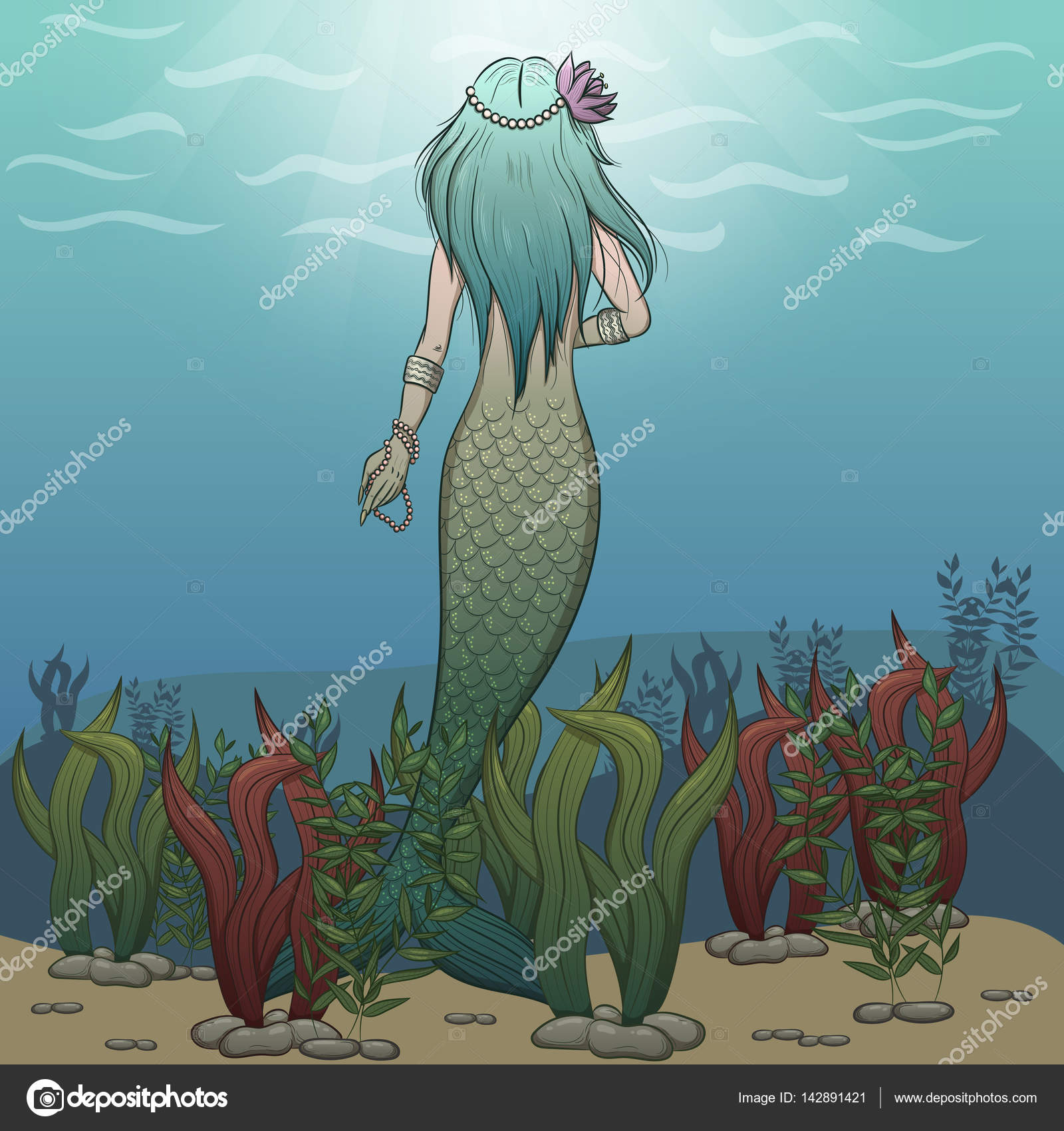 Alghe arte sfondo bello bellezza blu fondo carattere colorato carino design disegno disegnata fantasia donna pesce fiore ragazza grafico