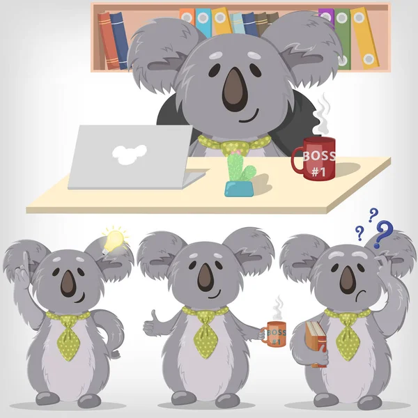 Conjunto de ilustraciones vectoriales de koalas. Koala en la oficina — Vector de stock