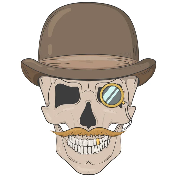 Schedel in een bolhoed. Gentleman schedel met een monocle. Vector afdrukken — Stockvector